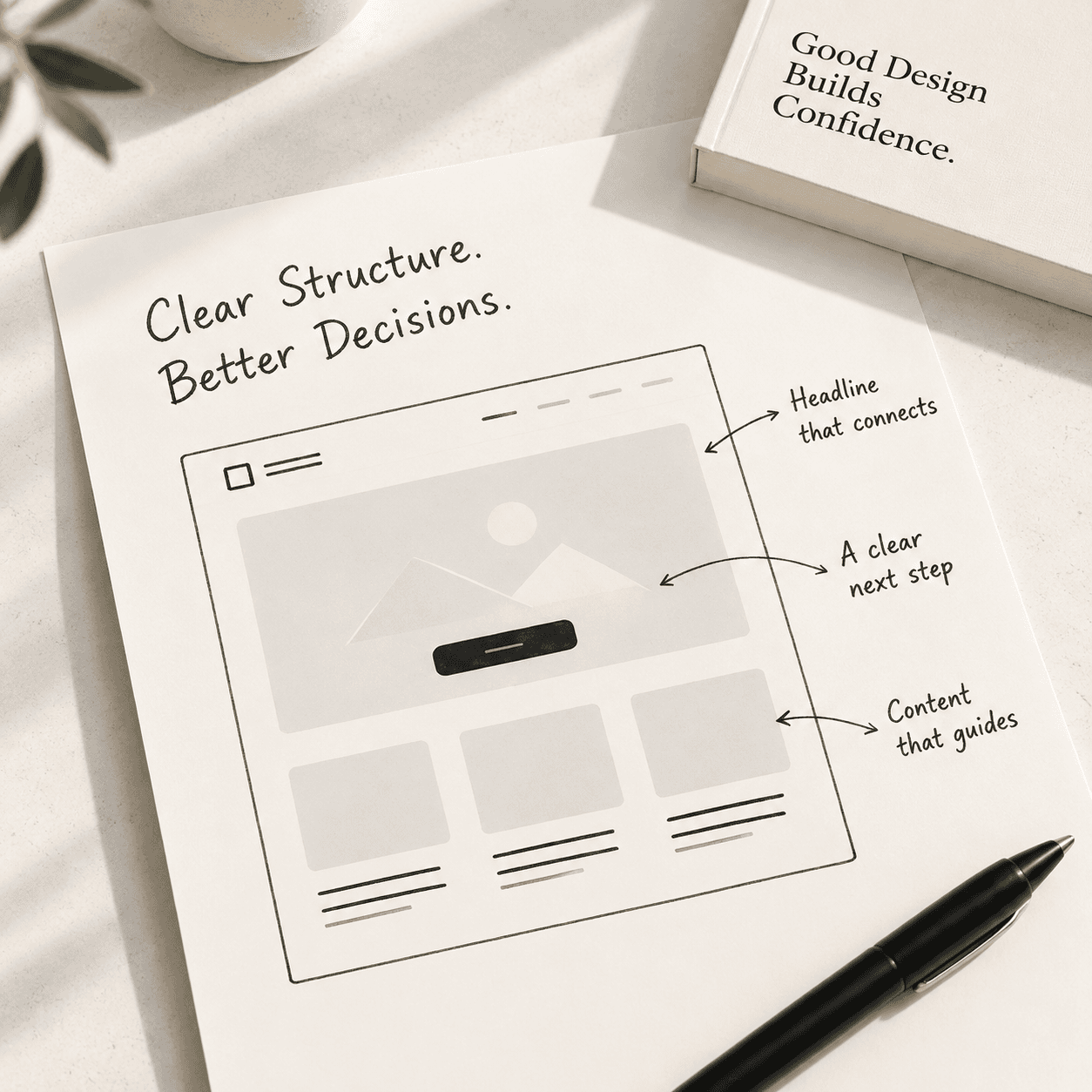 A sketched website wireframe showing a clear content hierarchy and next step